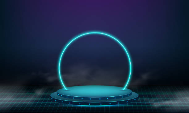 abstract technology cylinder pedestal podium. sci-fi dark empty room concept with circle glowing neon lighting. product display presentation. futuristic wall scene. - 平臺門戶 幅插畫檔、美工圖案、卡通及圖標(biāo)