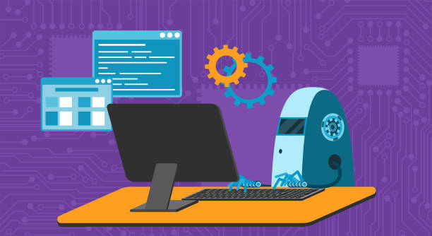 automated work of software, business project development, robot using keyboard at table - 系統(tǒng)軟件開發(fā) 幅插畫檔、美工圖案、卡通及圖標(biāo)