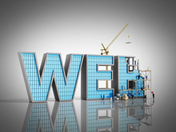 網頁程式開發(fā)概念建設者正在題字 web 上藍色 3d 插圖 - 網站門戶搭建 個照片及圖片檔